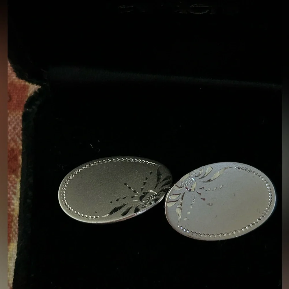Vintage Ross Jewelers Oval Cufflinks Silver Tone Etched with Flower Design